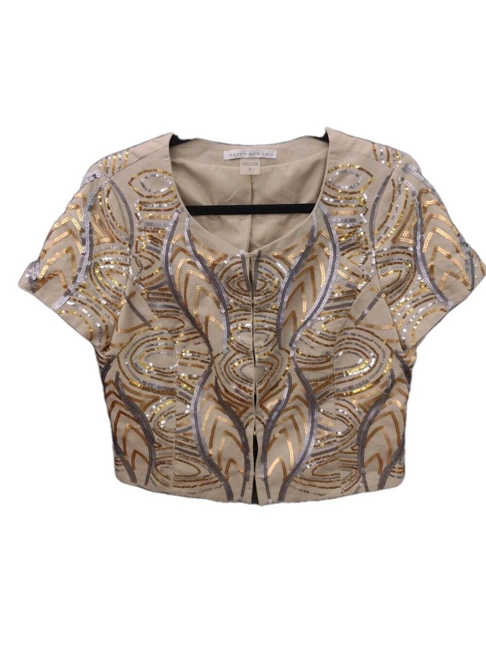Peter Nygard Sequin Cropped Jacket Sz 8 Art Deco Gatsby Metallic Evening Bolero